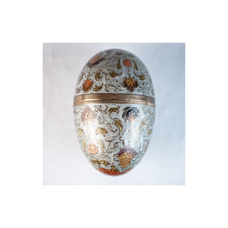 1900's Gold Blue Multicolor Floral Antique Russian Egg Enamel Brass Trinket Box